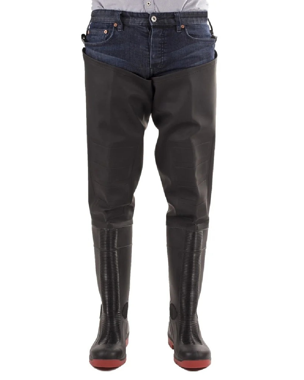 Black Red coloured Amblers Safety Rhone Thigh Safety Wader on white background