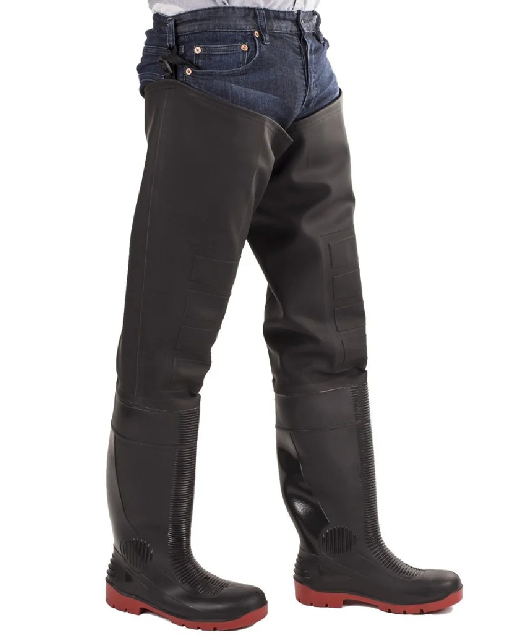 Black Red coloured Amblers Safety Rhone Thigh Safety Wader on white background