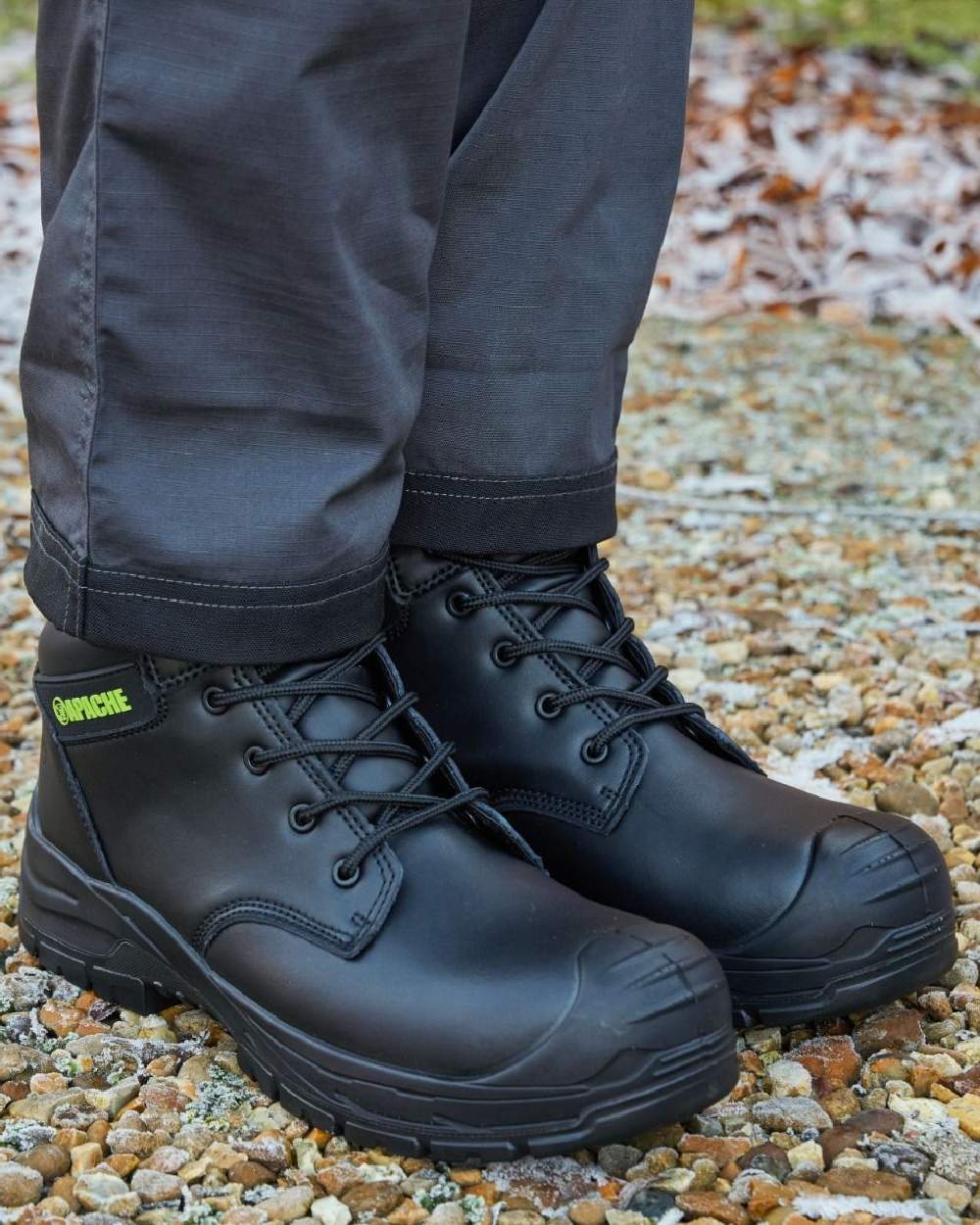 Black Coloured Apache Mens Edmonton Recycled Leather Safety Boots on outdoor background