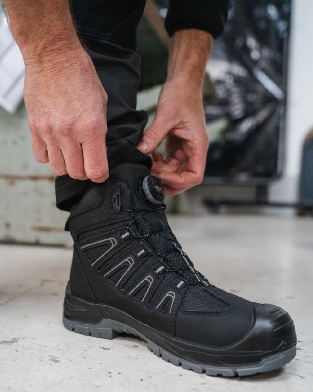 Black Coloured Apache Mens Fort Fitgo GRS Recycled Leather Waterproof Safety Boots ESD on outdoor background