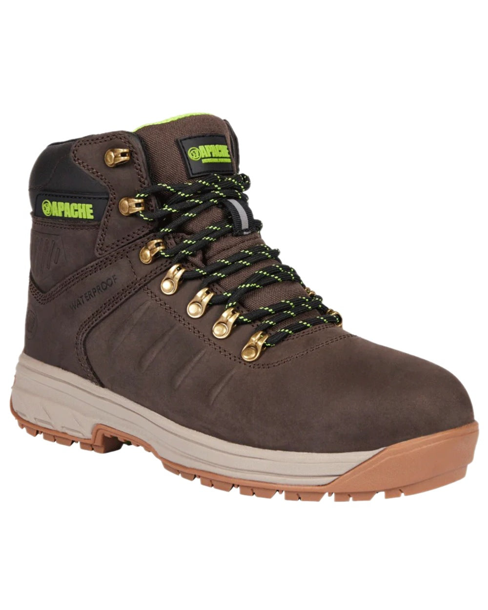 Brown Coloured Apache Mens Moose Jaw Leather Waterproof Safety Boots - XTS Outsole on white background