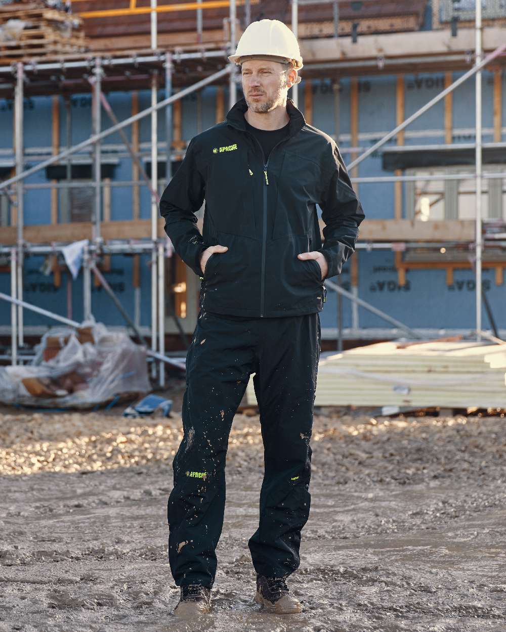 Black Coloured Apache Mens Quebec Waterproof Over Trousers on outdoor background