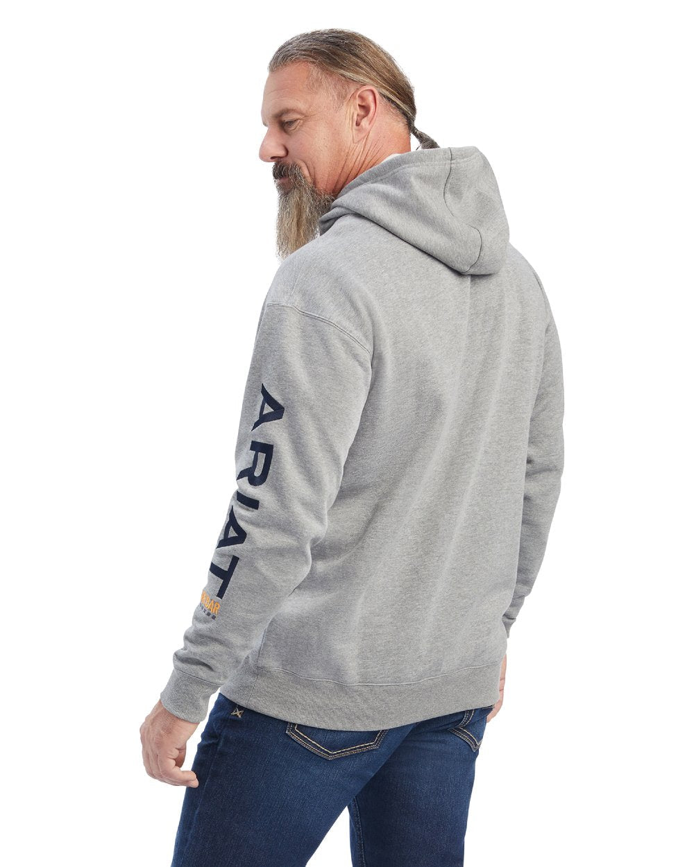 Heather Grey Deep Ultramarine Coloured Ariat Mens Rebar Graphic Hoodie on white background