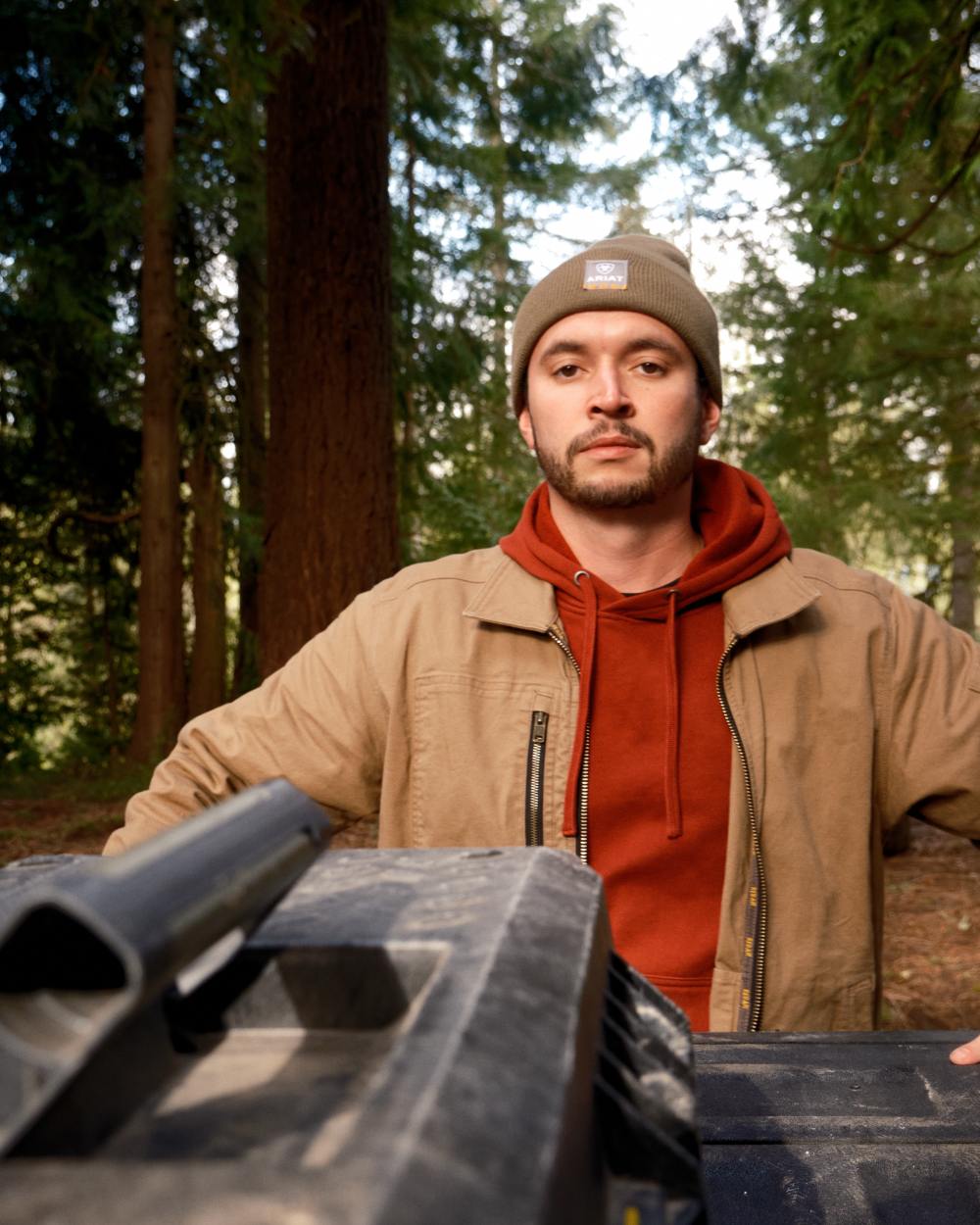 Russet Brown Potters Clay Coloured Ariat Mens Rebar Graphic Hoodie on outdoor background