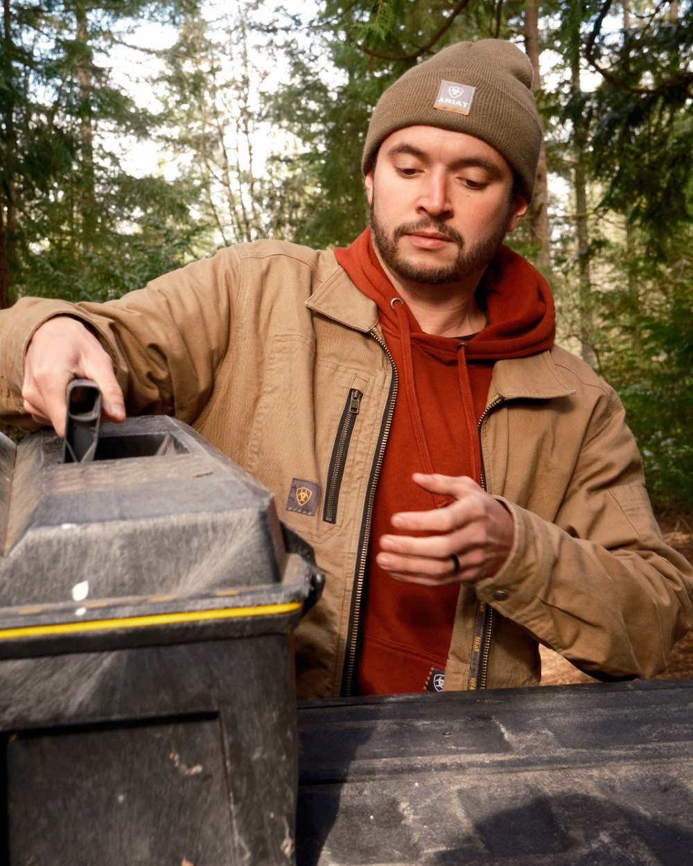 Russet Brown Potters Clay Coloured Ariat Mens Rebar Graphic Hoodie on outdoor background