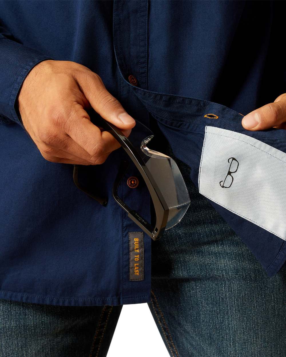 Navy Coloured Ariat Mens Rebar Washed Twill Work Shirt on white background