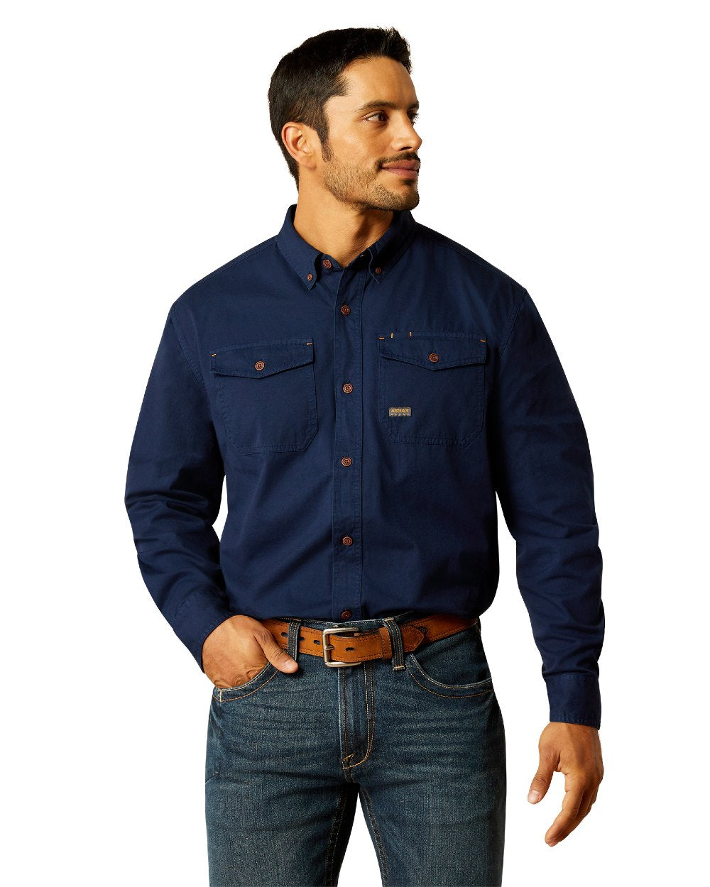 Navy Coloured Ariat Mens Rebar Washed Twill Work Shirt on white background