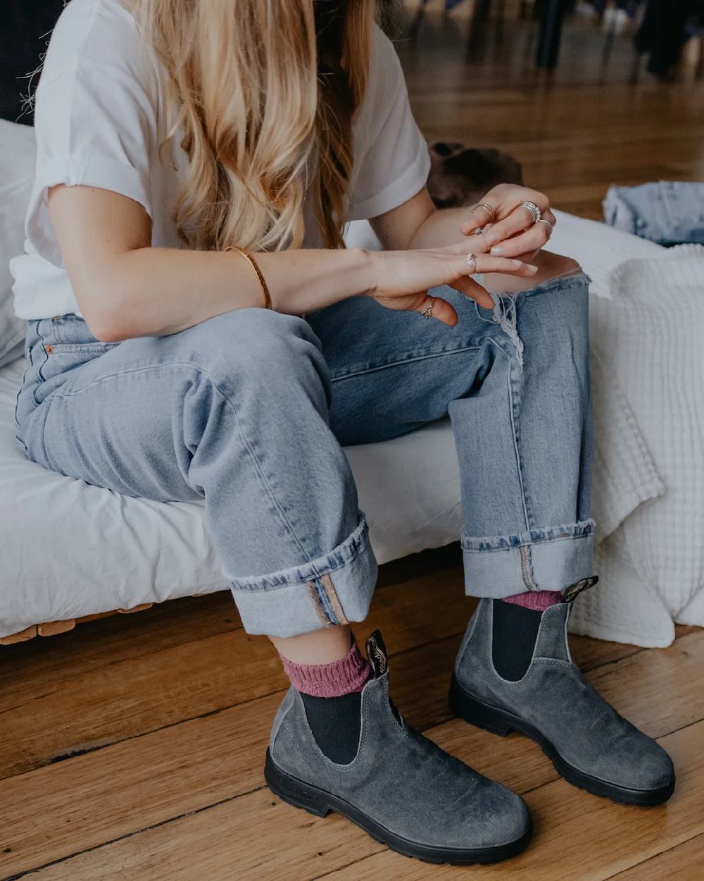 Steel Grey coloured Blundstone 1910 Steel Grey Suede Leather Chelsea Boots on house background
