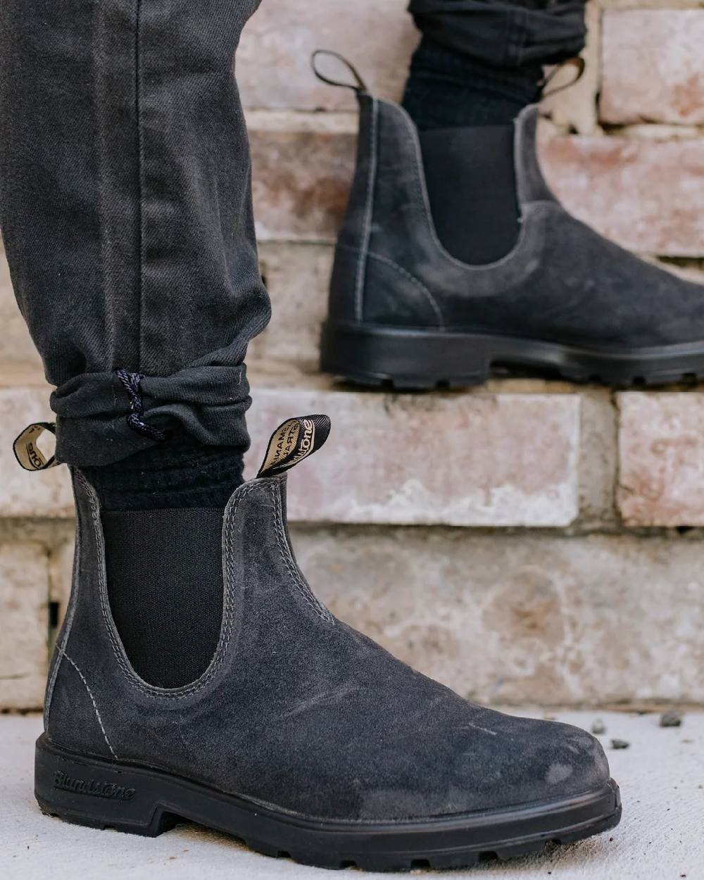 Steel Grey coloured Blundstone 1910 Steel Grey Suede Leather Chelsea Boots on stairs background