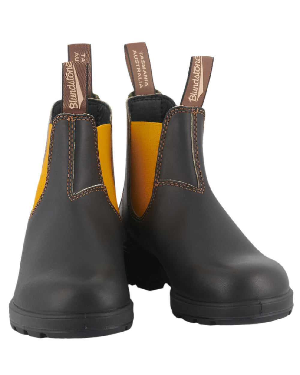 Dark Brown Mustard coloured Blundstone 1919 Dark Brown Mustard Leather Boots on white background