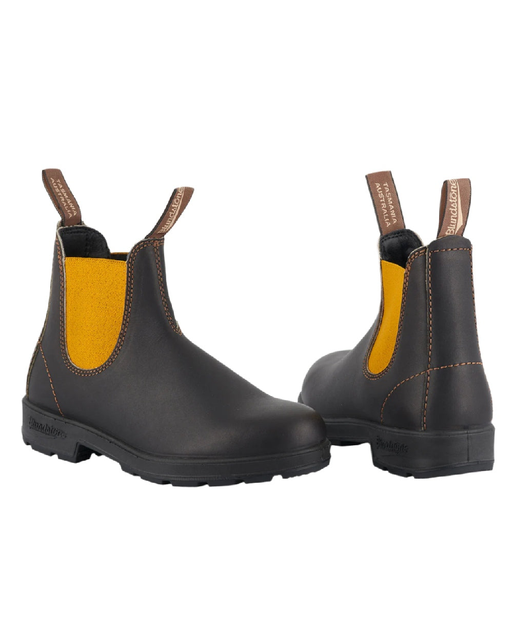 Dark Brown Mustard coloured Blundstone 1919 Dark Brown Mustard Leather Boots on white background