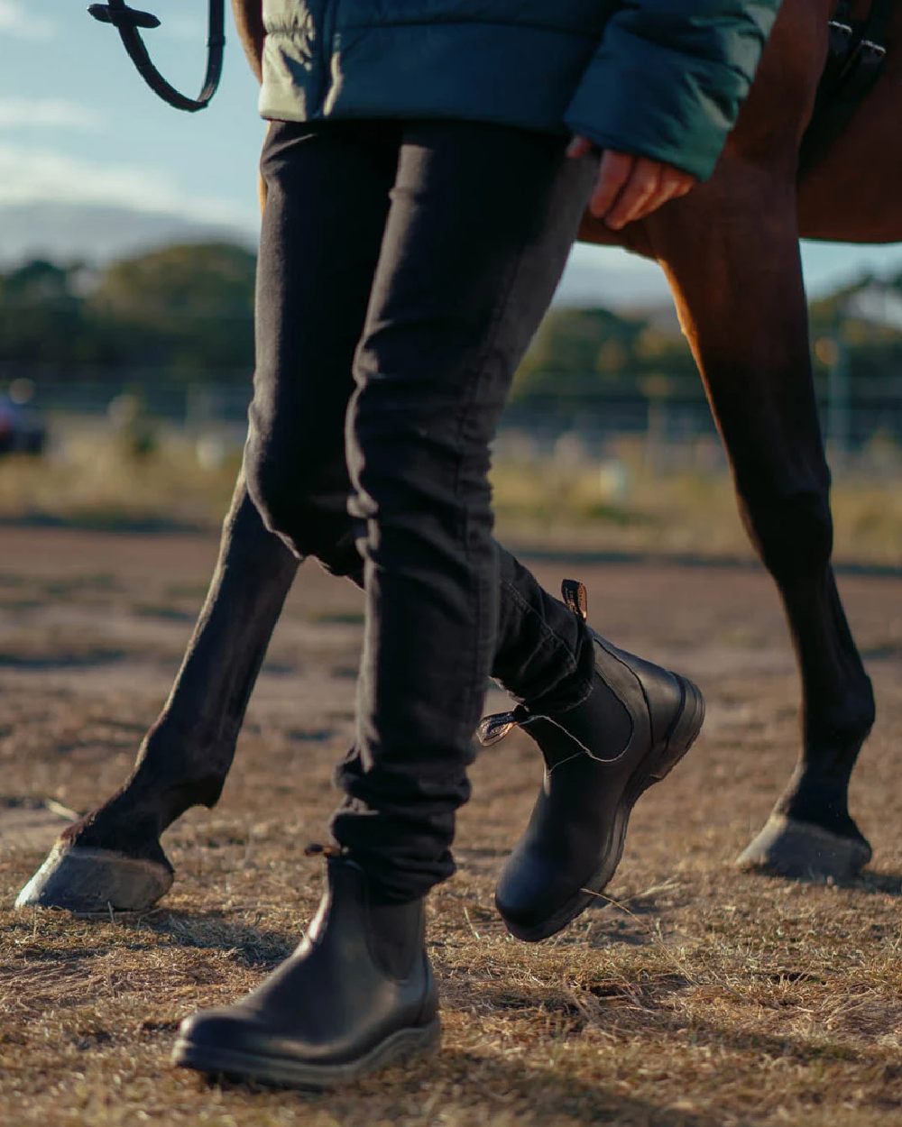Black Coloured Blundstone 2058 Black Chelsea Boots on outdoor background