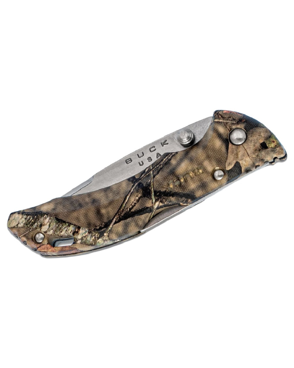 Green Camo coloured Buck 284 Bantam BBW Knife on white background