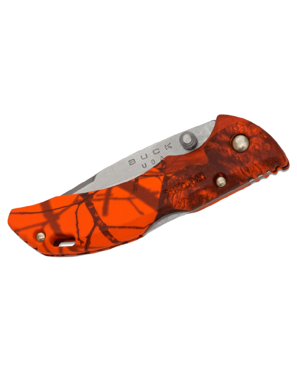 Orange Camo coloured Buck 284 Bantam BBW Knife on white background