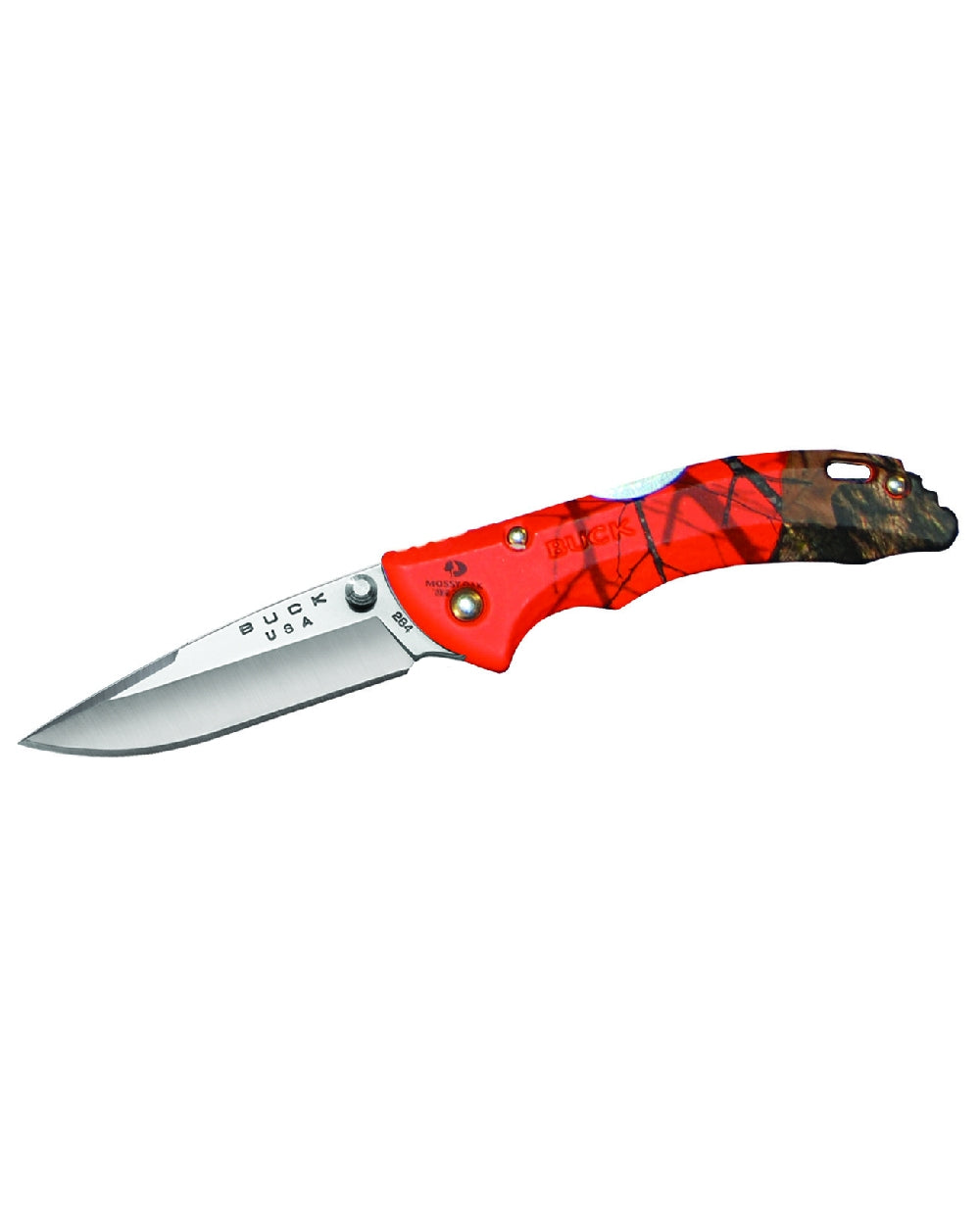 Orange Camo coloured Buck 284 Bantam BBW Knife on white background