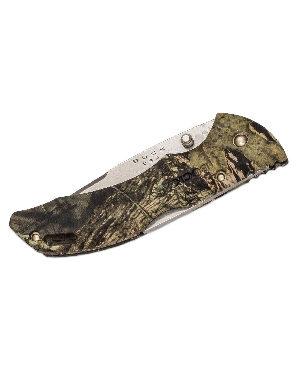 Green Camo coloured Buck Bantam BHW Knife on white background