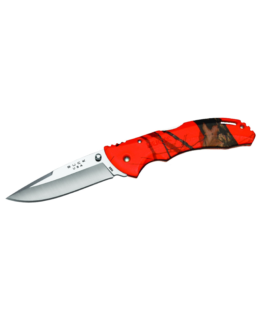 Orange Camo coloured Buck Bantam BHW Knife on white background