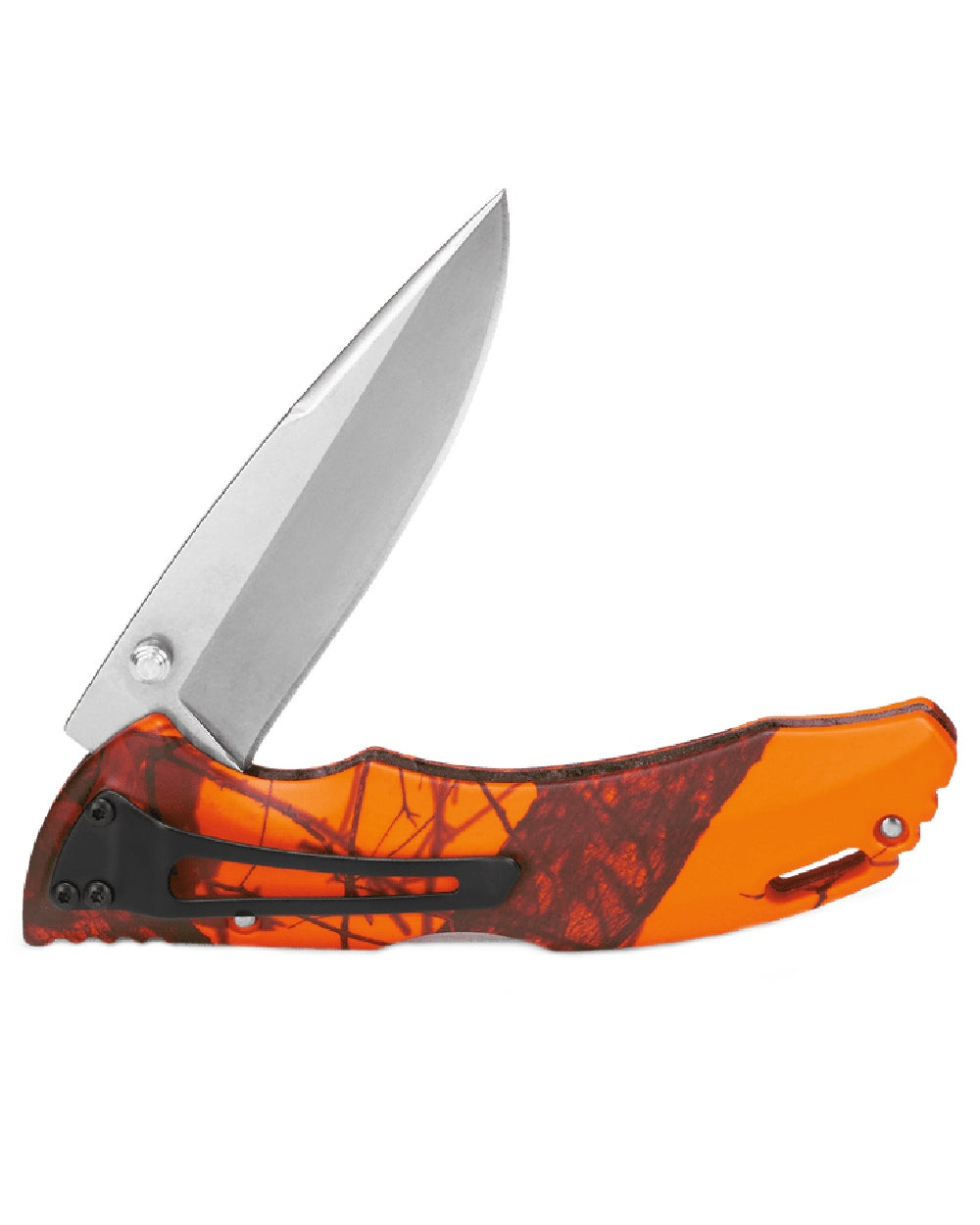 Orange Camo coloured Buck Bantam BHW Knife on white background