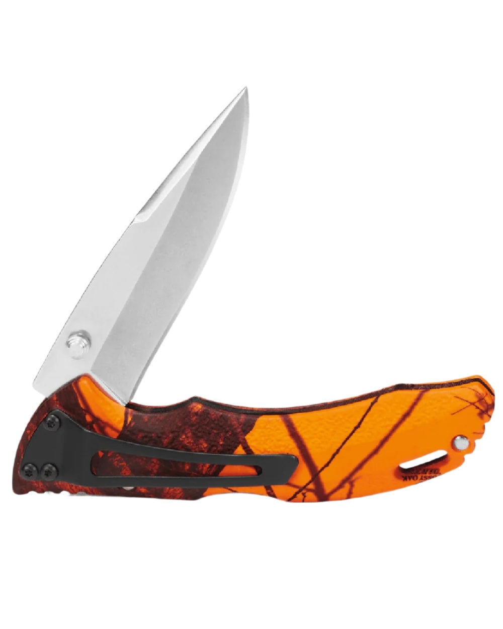 Orange Camo coloured Buck Bantam BLW Knife on white background