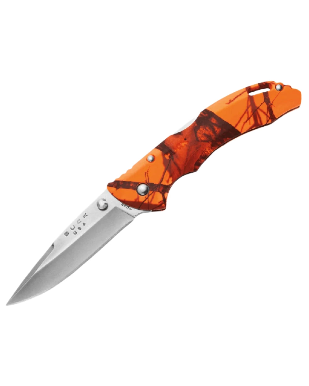 Orange Camo coloured Buck Bantam BLW Knife on white background