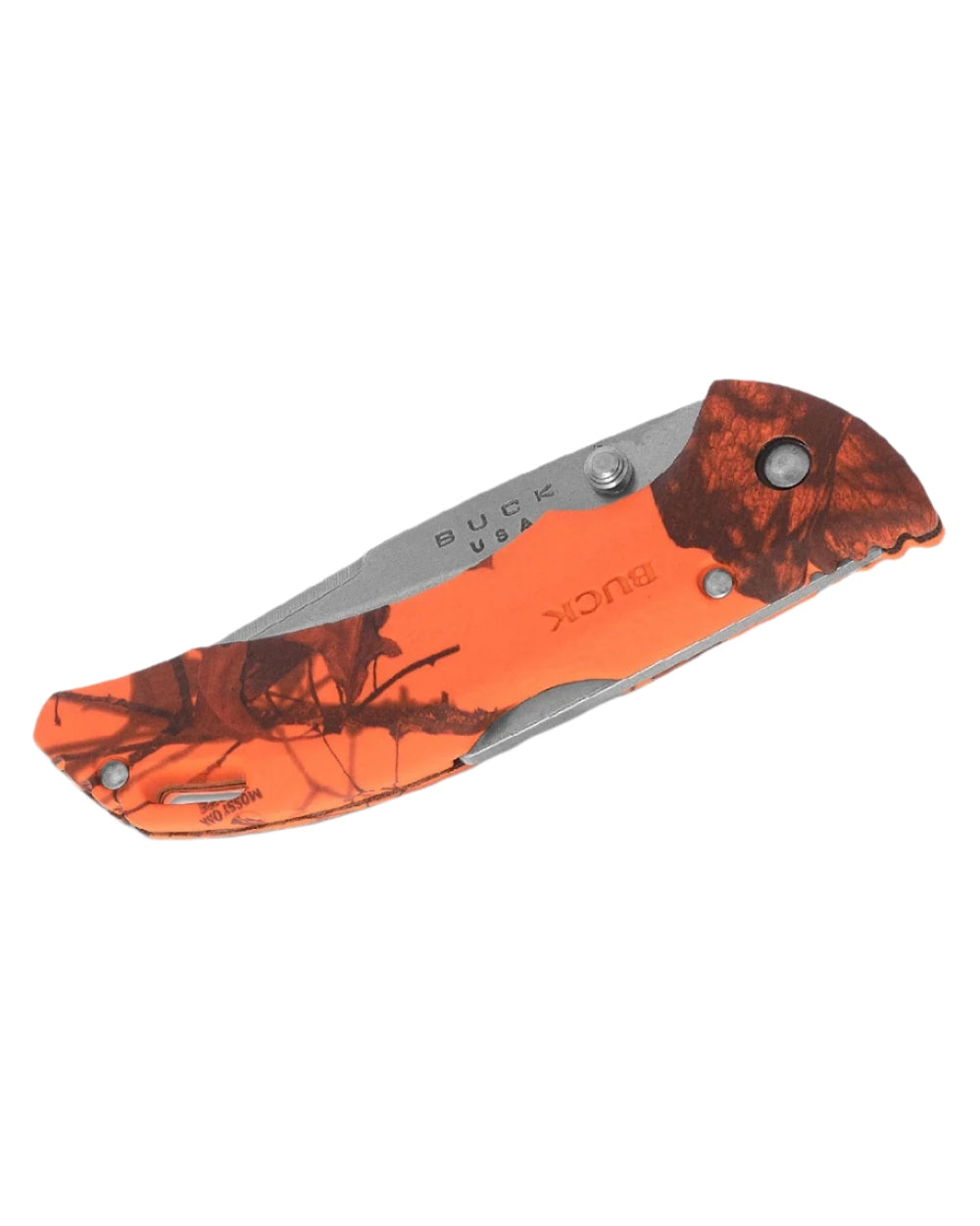 Orange Camo coloured Buck Bantam BLW Knife on white background