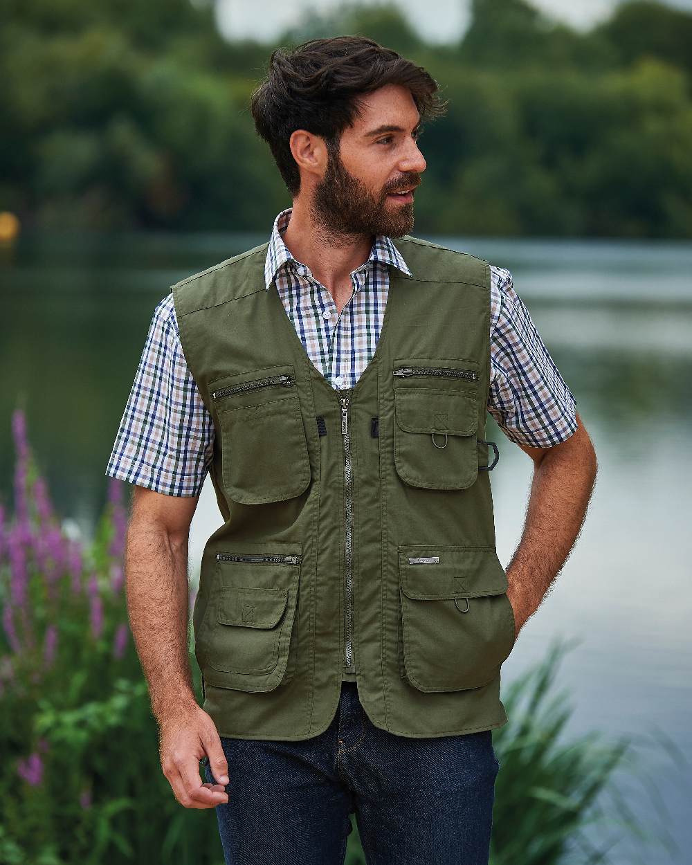 Olive coloured Champion Dale Gilet on pond background