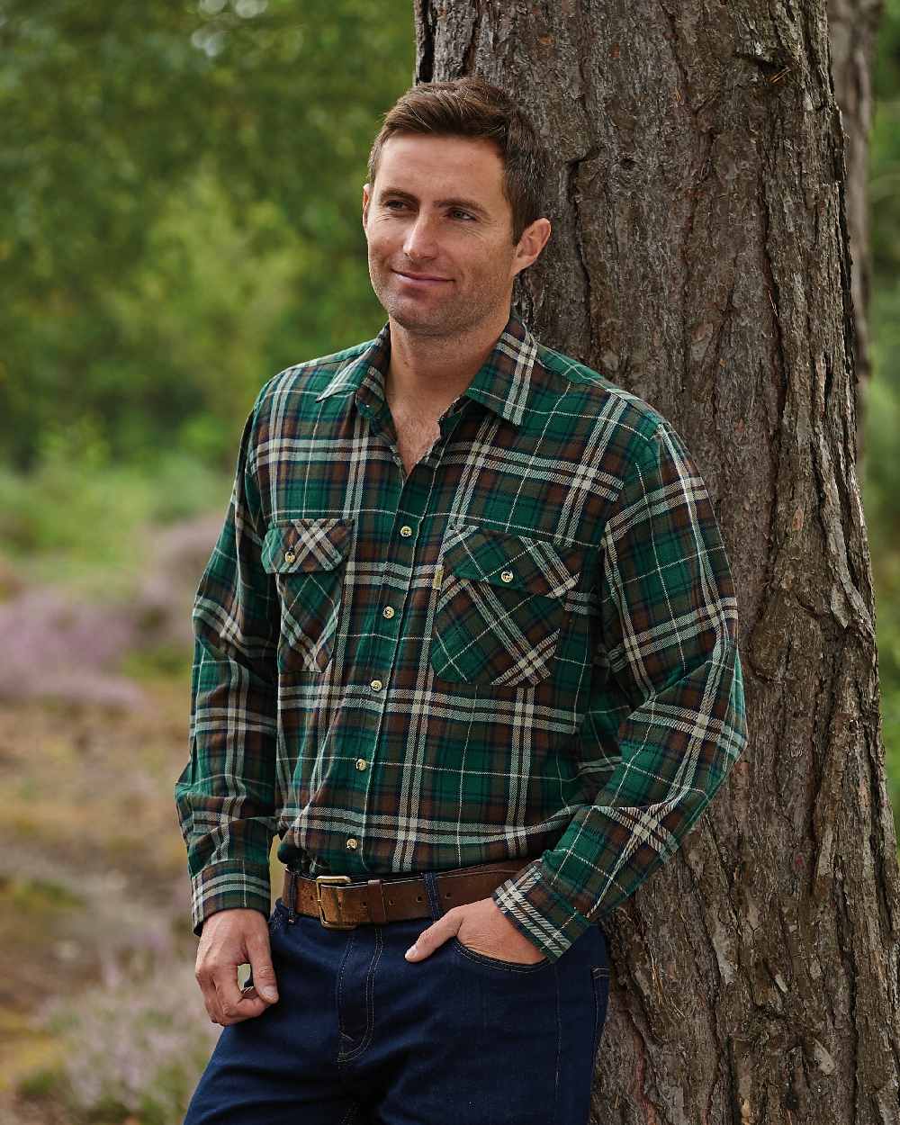 Green coloured Champion Kempton Work Shirt on forest background