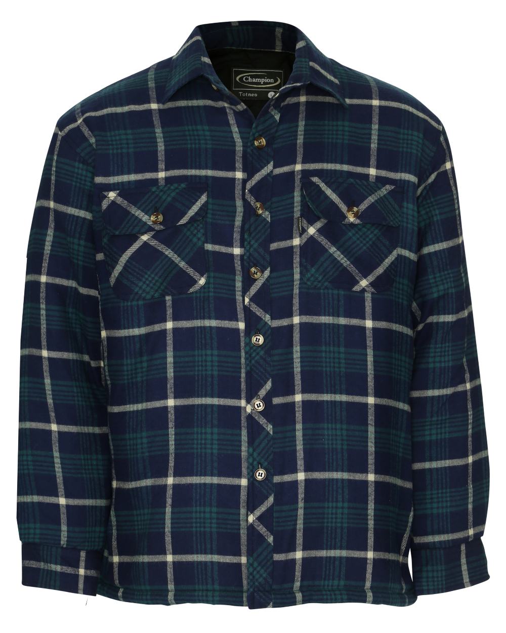 Blue coloured Champion Totnes Quilted Padded Shirt on white background