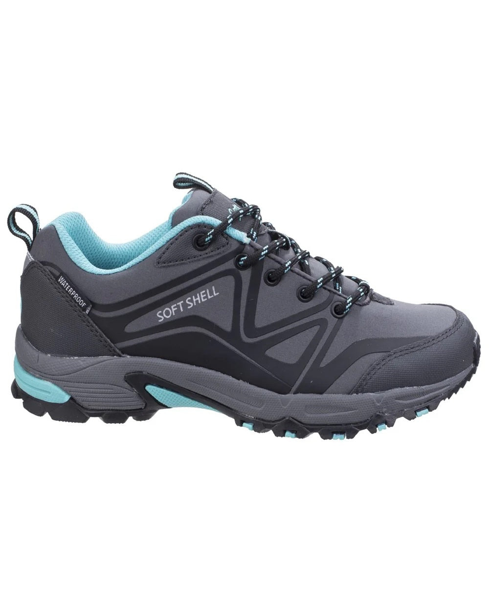 Grey/Black/Aqua coloured Cotswold Womens Abbeydale Low Hiking Shoes on white background