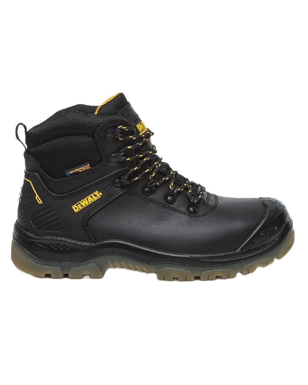 Black Coloured DeWalt Newark Waterproof Safety Hiker Boots on white background