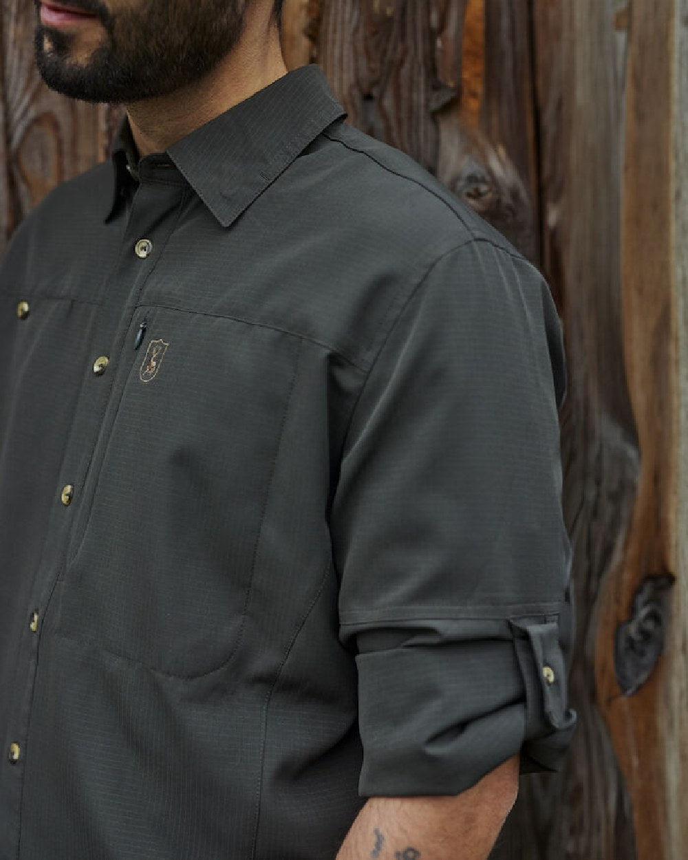 Forest Green coloured Deerhunter Canopy Shirt on wood background