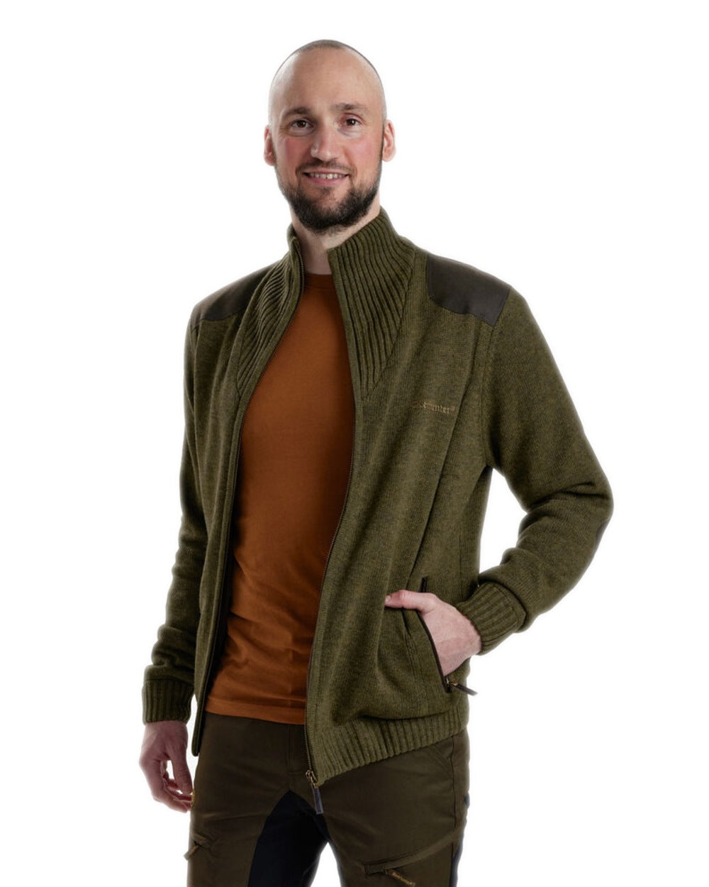 Cypress coloured Deerhunter Carlisle Knit Cardigan With Stormliner on white background