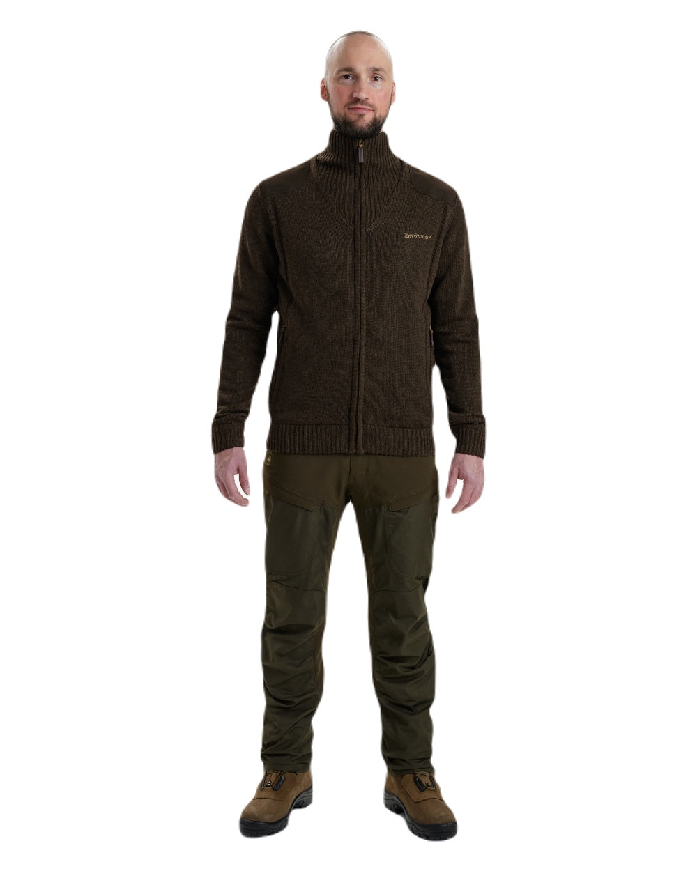 Dark Elm Melange coloured Deerhunter Carlisle Knit Cardigan With Stormliner on white background
