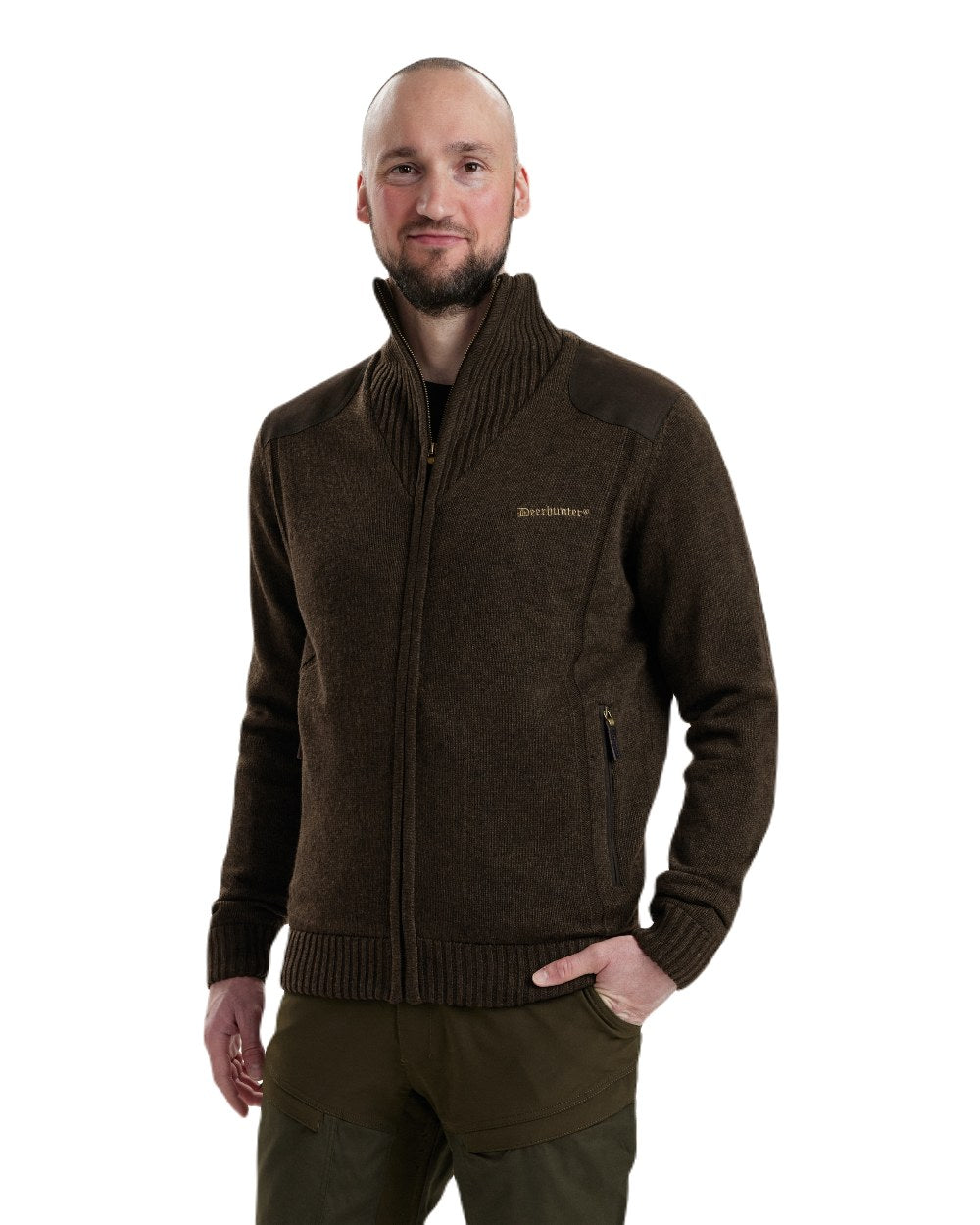 Dark Elm Melange coloured Deerhunter Carlisle Knit Cardigan With Stormliner on white background