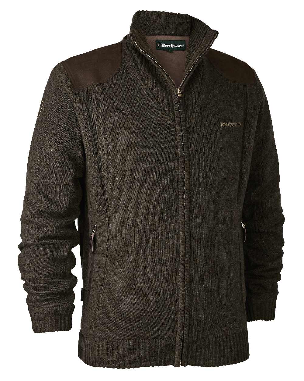 Dark Elm Melange coloured Deerhunter Carlisle Knit Cardigan With Stormliner on white background