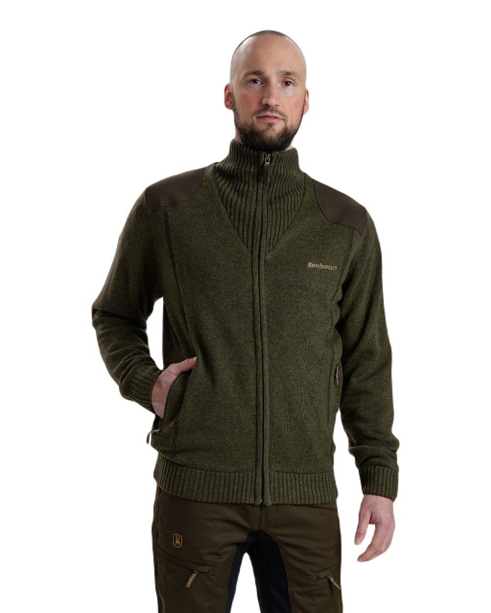 Green Melange coloured Deerhunter Carlisle Knit Cardigan With Stormliner on white background