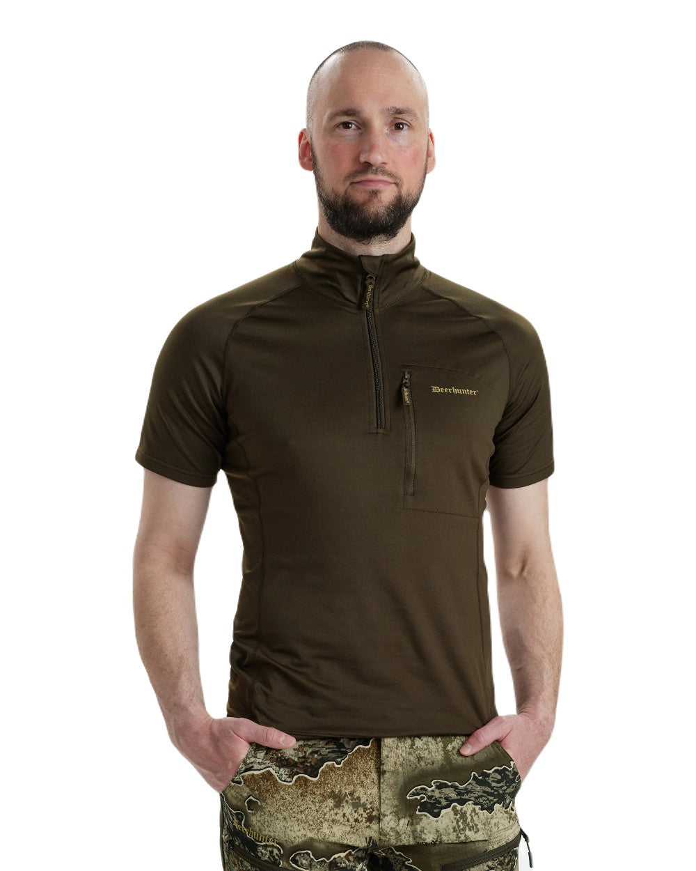 Art Green coloured Deerhunter Excape Insulated T-Shirt with Zip-Neck on white background