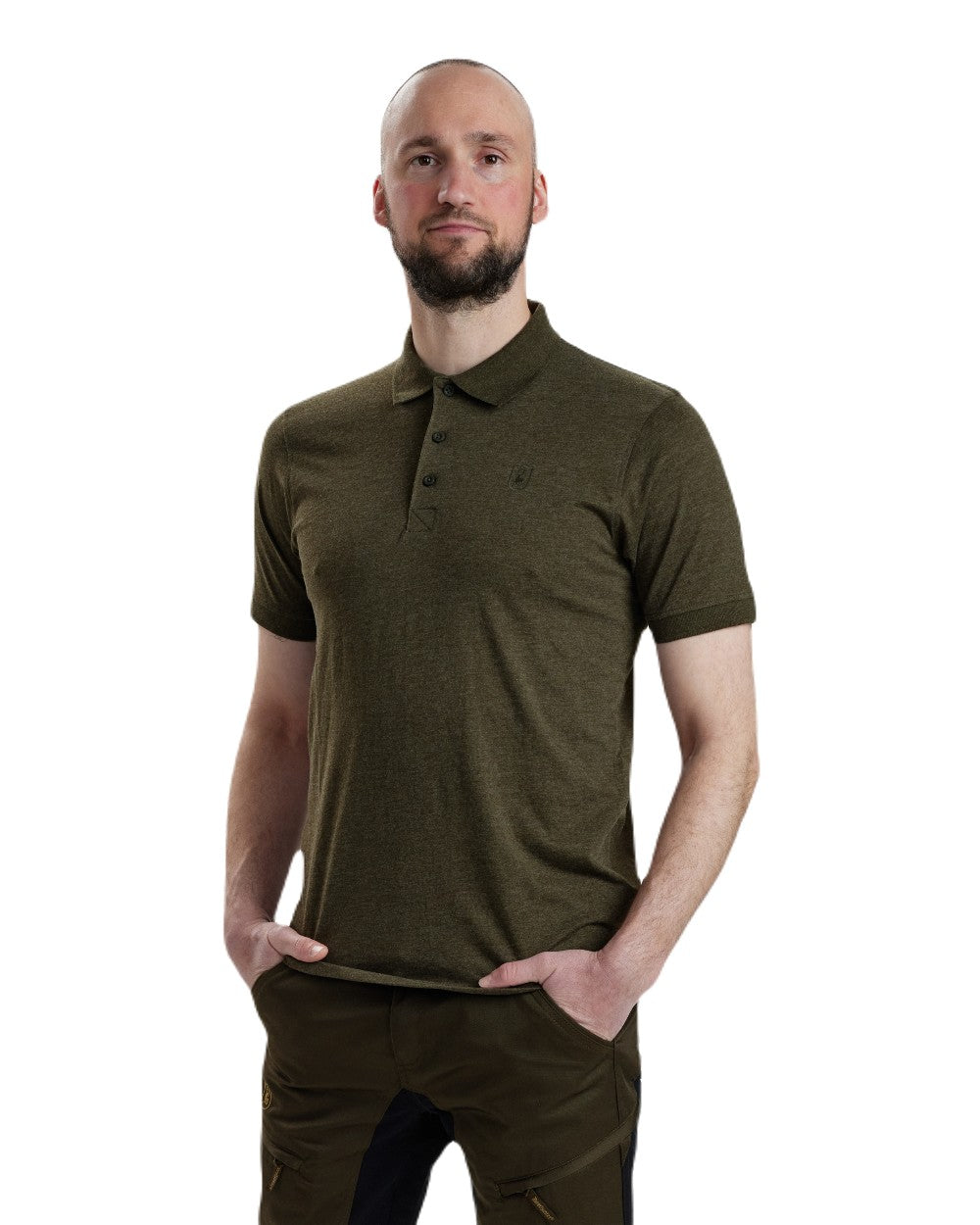 Adventure Green Melange coloured Deerhunter Gunnar Polo Shirt on white background