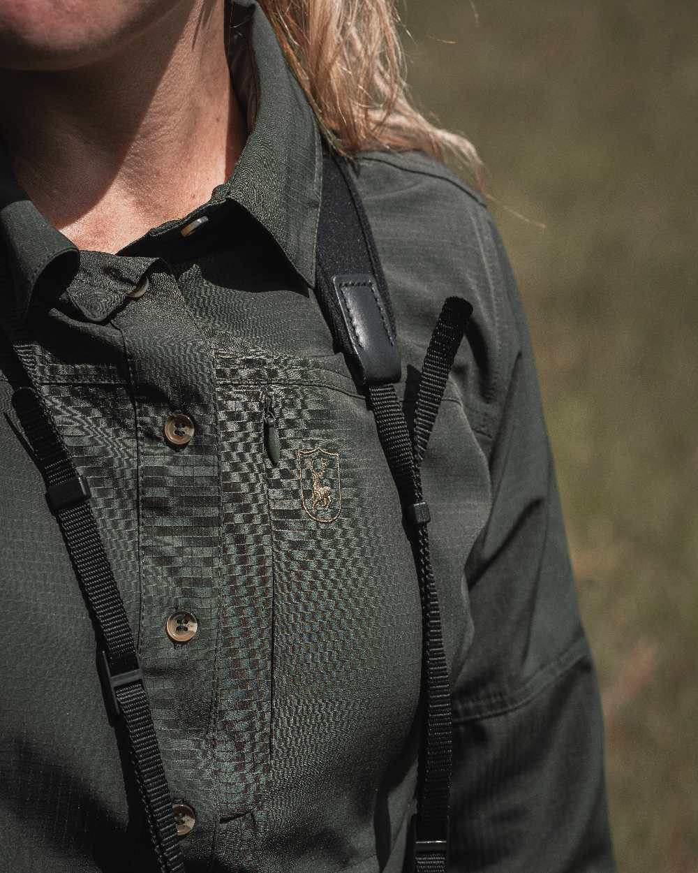 Forest Green coloured Deerhunter Lady Canopy Shirt on blurry background