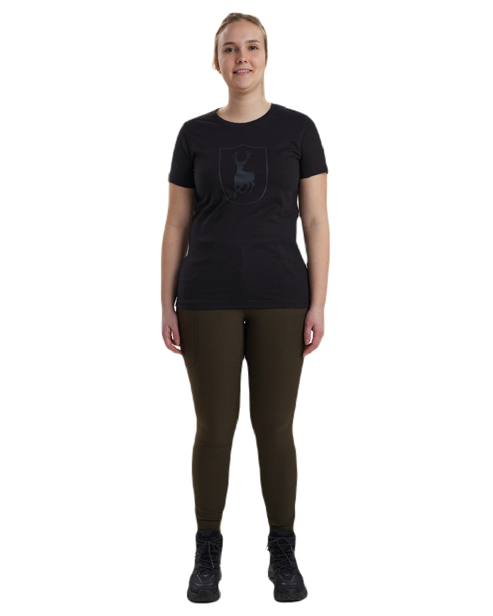 Black coloured Deerhunter Lady Logo T-Shirt on white background