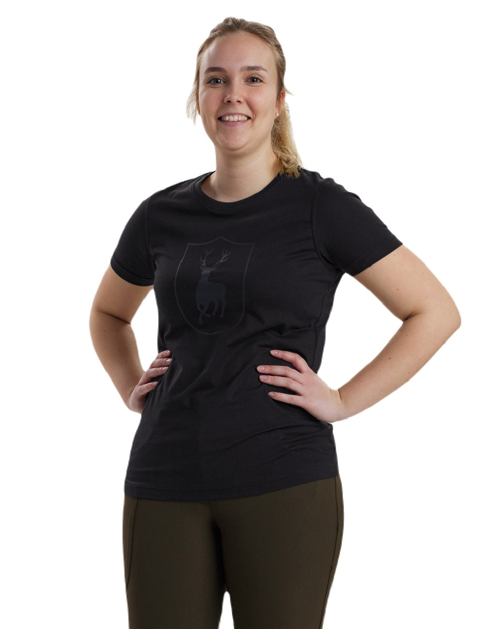 Black coloured Deerhunter Lady Logo T-Shirt on white background