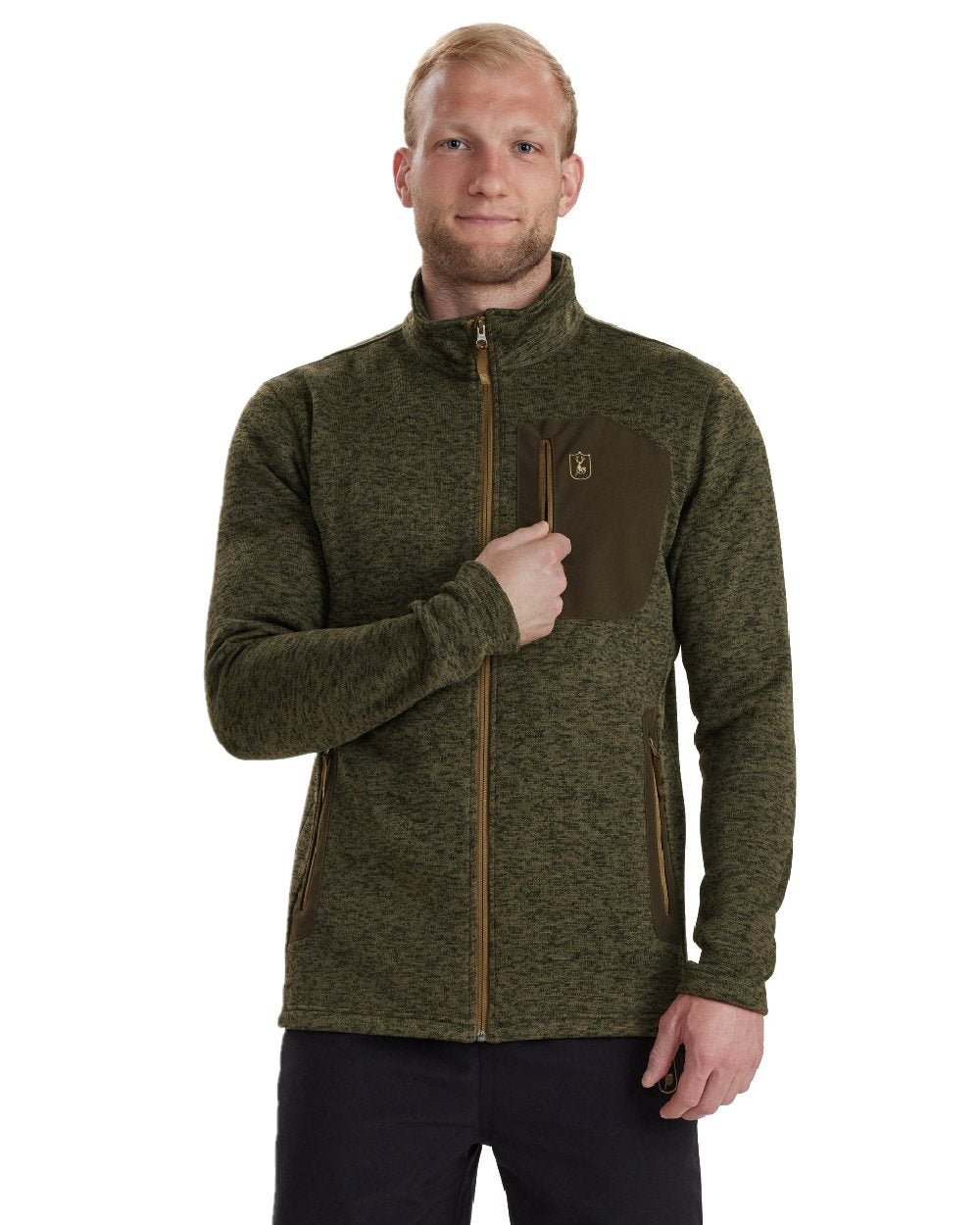 Olive Night Melange coloured Deerhunter Sarek Knitted Jacket on white background