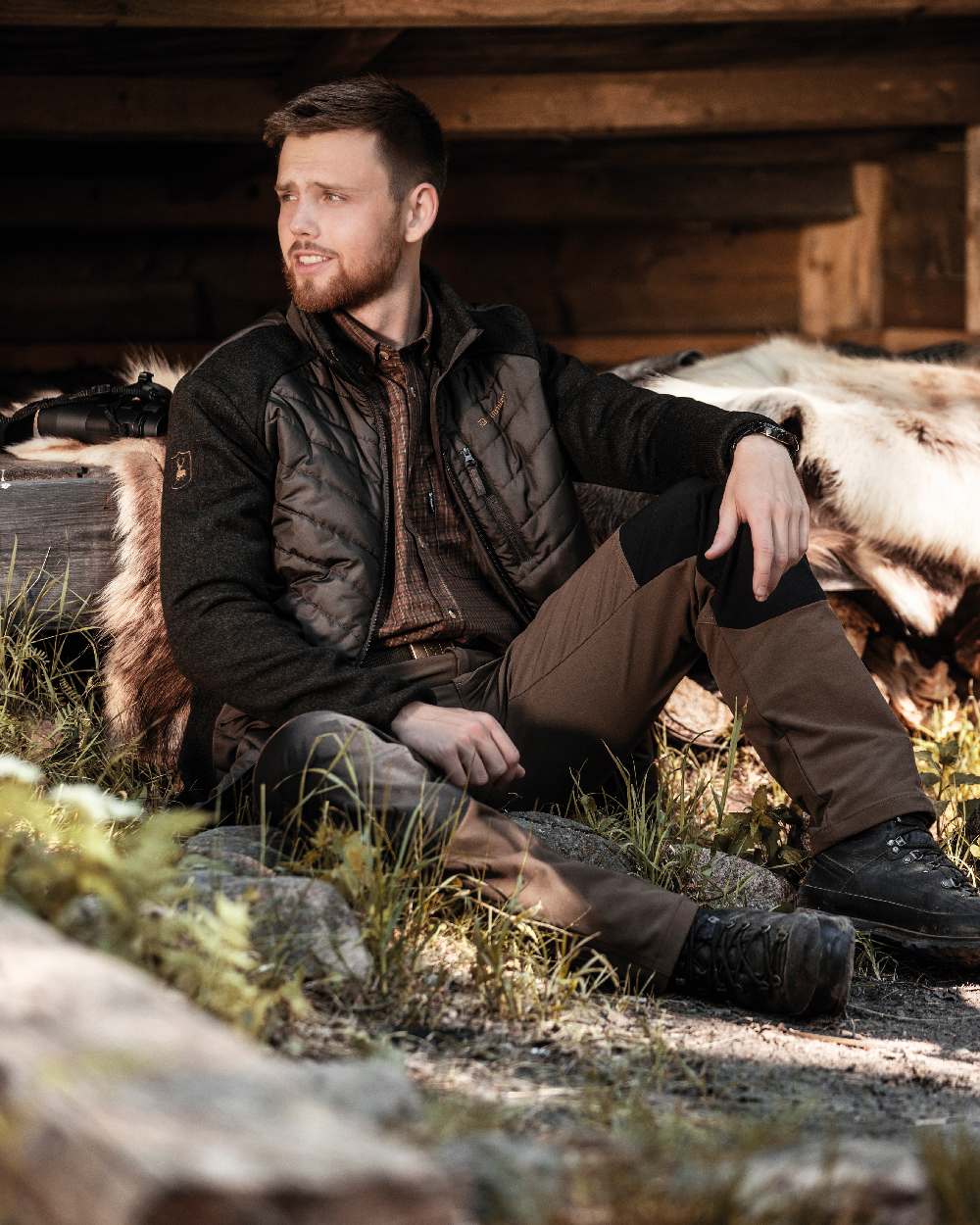 Black Fallen Leaf coloured Deerhunter Strike Full Stretch Trousers on forest background