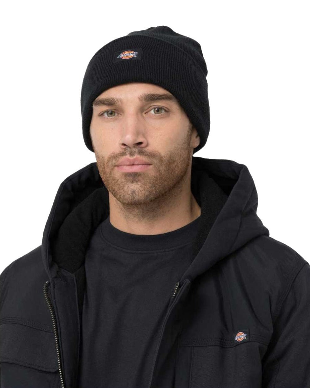 Black coloured Dickies Acrylic Cuffed Beanie on white background