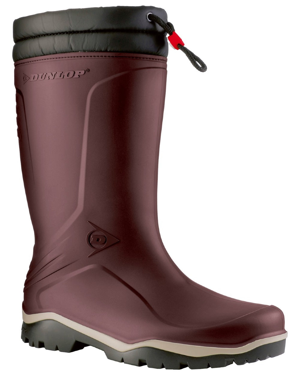 Burgundy Grey Black coloured Dunlop Blizzard Wellingtons on white background