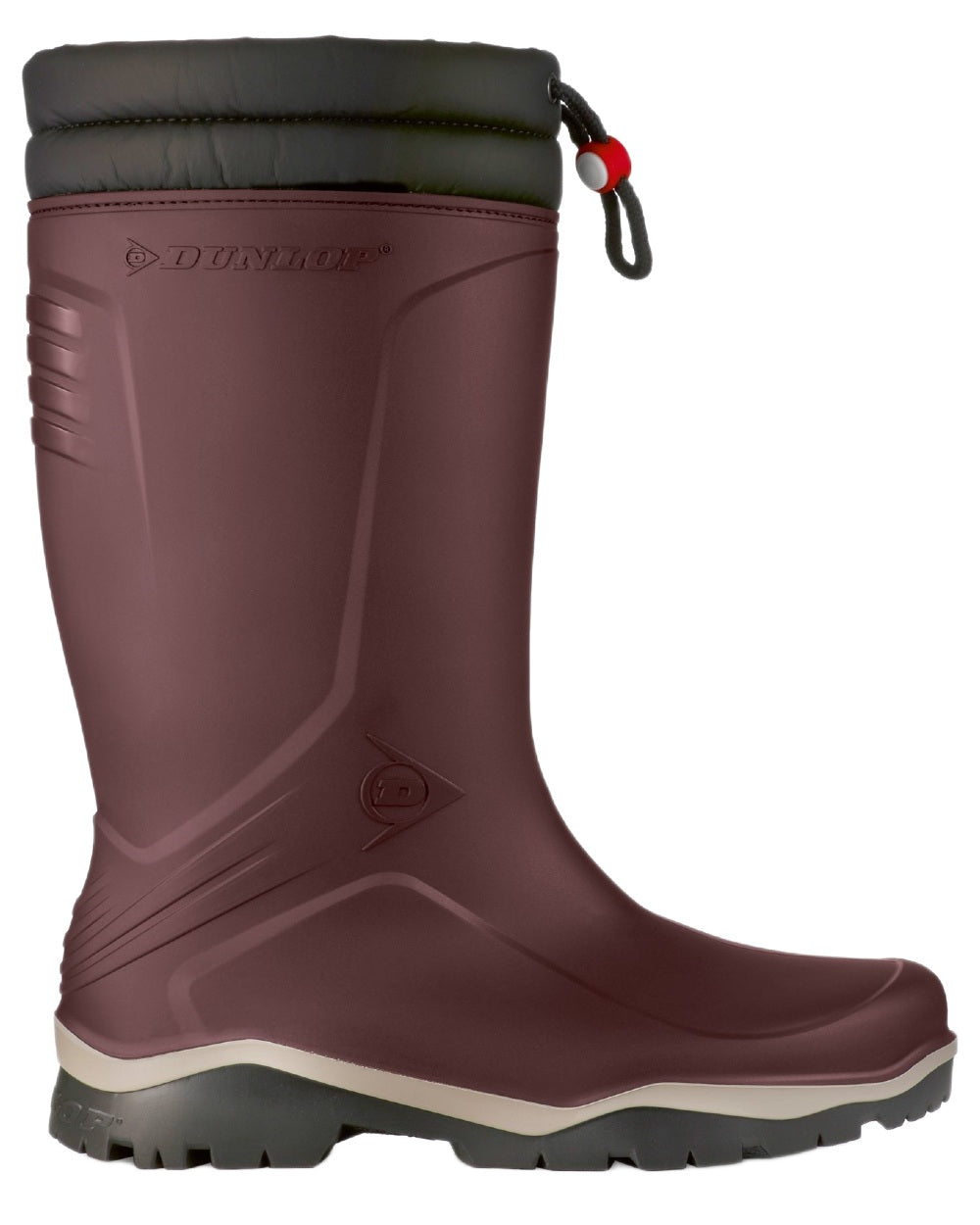 Burgundy Grey Black coloured Dunlop Blizzard Wellingtons on white background