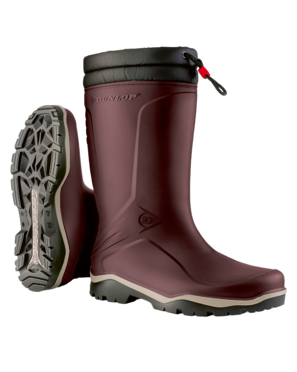 Burgundy Grey Black coloured Dunlop Blizzard Wellingtons on white background