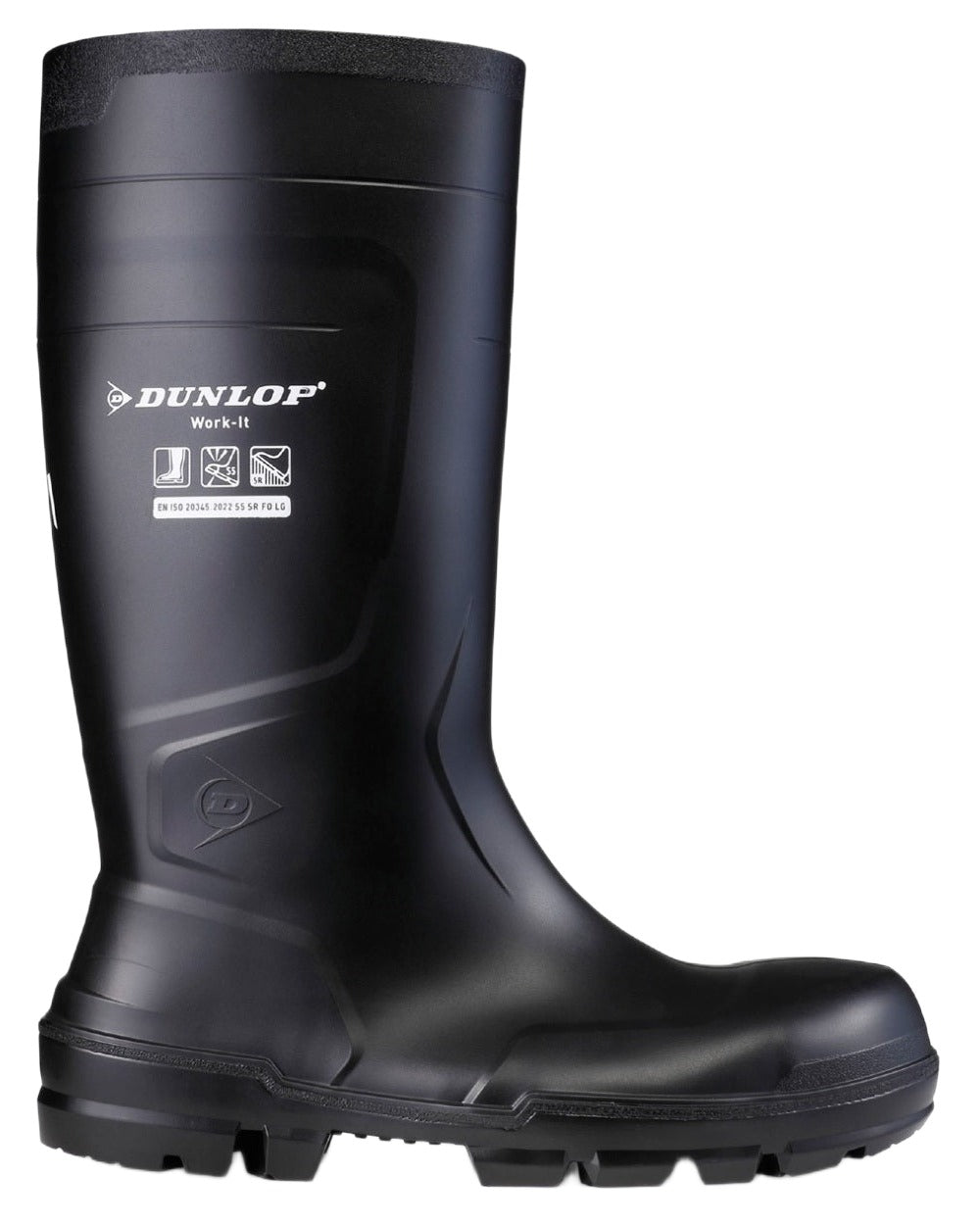 Black Coloured Dunlop Work-It Full Safety Wellingtons on white background
