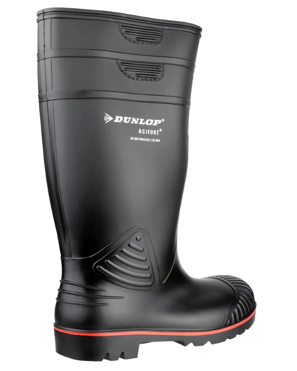 Black coloured Dunlop Acifort Heavy Duty Full Safety Wellingtons on white background