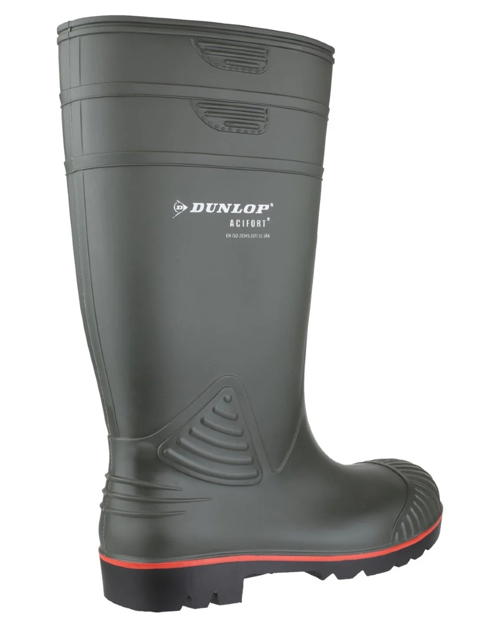 Green coloured Dunlop Acifort Heavy Duty Full Safety Wellingtons on white background